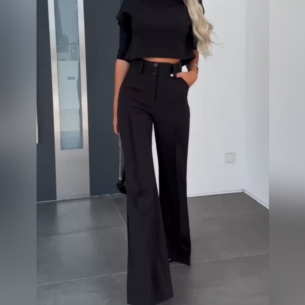 Solid Color Jacket & High Waist Straight Pants SetRound Neck Short Sleeve Top